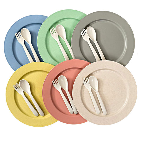 MUSENTIAL 10" Inch Wheat Straw Set (6 Dinner Plates / Spoons & Forks)