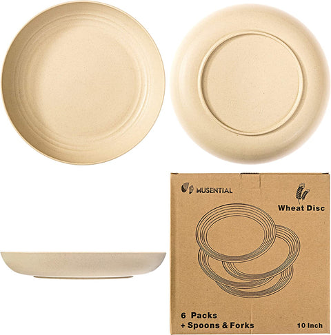 MUSENTIAL 10" Inch Wheat Straw Set (6 Dinner Plates / Spoons & Forks)